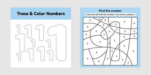 Coloring book number for kids. Worksheet for preschool, kindergarten and school age. Trace line. Write and color a one.