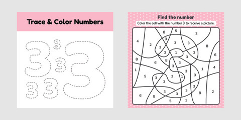 Coloring book number for kids. Worksheet for preschool, kindergarten and school age. Trace line. Write and color a three.