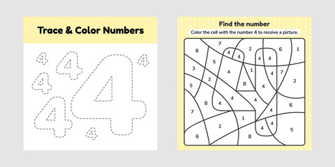 Coloring book number for kids. Worksheet for preschool, kindergarten and school age. Trace line. Write and color a four.