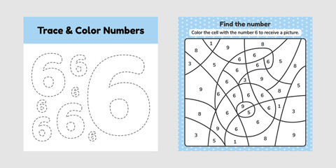 Coloring book number for kids. Worksheet for preschool, kindergarten and school age. Trace line. Write and color a six.