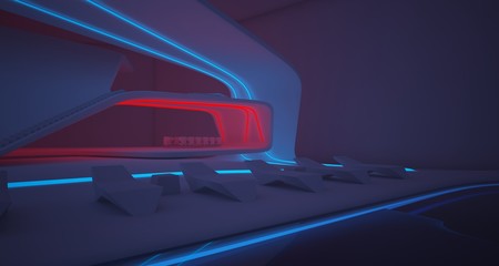 Abstract architectural white interior of a minimalist house with colored neon lighting. 3D illustration and rendering.