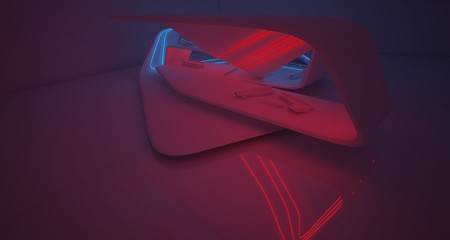Abstract architectural white interior of a minimalist house with colored neon lighting. 3D illustration and rendering.