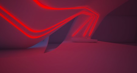 Abstract architectural white interior of a minimalist house with colored neon lighting. 3D illustration and rendering.