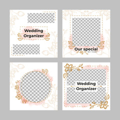 Set of modern promotional wedding square web banners for social media mobile applications