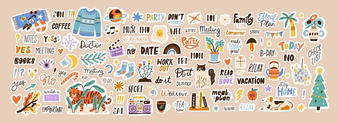 Set of weekly or daily planner and diaries vector flat illustration. Cute sticker template decorated with cartoon image and trendy lettering. Signs, symbols, objects for scheduler or organizer - obrazy, fototapety, plakaty
