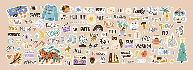 Fotobehang Set of weekly or daily planner and diaries vector flat illustration. Cute sticker template decorated with cartoon image and trendy lettering. Signs, symbols, objects for scheduler or organizer © Good Studio