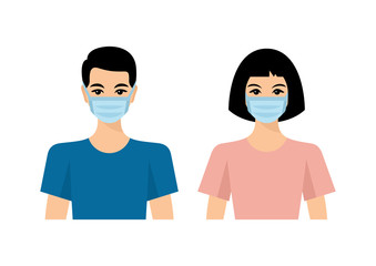 Man and woman in virus protective masks. Coronavirus protection vector illustration.