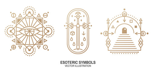 Esoteric symbols. Vector. Thin line geometric badge. Outline icon for alchemy or sacred geometry. Mystic and magic design with all-seeing eye, gate to another world and sword.