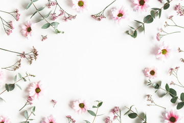 Flowers composition. Pink flowers on white background. Flat lay, top view