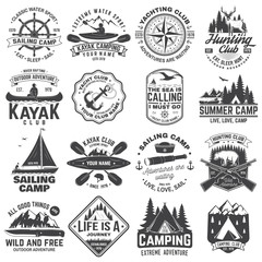 Summer camp, hunting club, sailing camp, yacht club, canoe and kayak club badges. Vector. Concept for shirt or logo, print, stamp. Design with camper, kayaker, hunter, sailing camp silhouette
