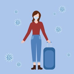 Coronavirus caution when travelling. Woman in face mask with bag at the airport. Wuhan virus epidemic. Vector illustration.