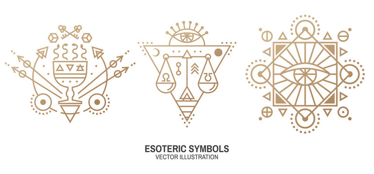Esoteric symbols. Vector. Thin line geometric badge. Outline icon for alchemy or sacred geometry. Mystic and magic design with all-seeing eye, cup and snakes, law scale.