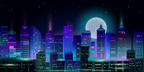 Obraz na płótnie Canvas Night city panorama with moon and neon glow. Vector illustration.