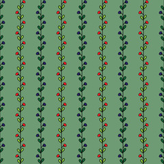 simple seamless pattern with retro colors. cool and simple flowers and leaves pattern on a green background.