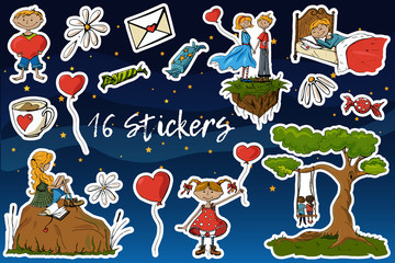Hand drawn color vector valentine stickers with people, hearts, balloones, envelope, candies, chamomile, cup, tree