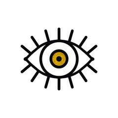 Open gold eye line icon on white background. Look, see, sight, view sign and symbol. Vector linear graphic element. Optical and search theme in minimal design style. Golden eye with eyelashes.