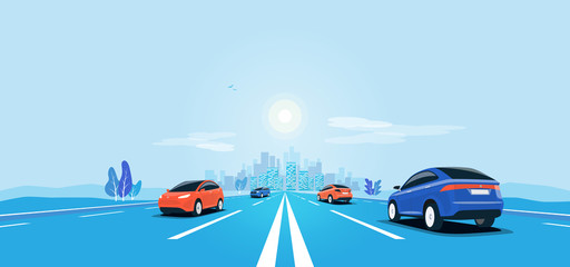 Traffic on the highway panoramic perspective horizon vanishing point view. Flat vector cartoon style illustration urban landscape motorway with cars, skyline city buildings and road going to the city. - obrazy, fototapety, plakaty