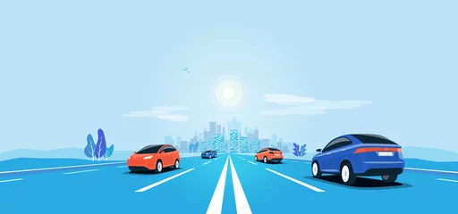 Foto op Plexiglas Traffic on the highway panoramic perspective horizon vanishing point view. Flat vector cartoon style illustration urban landscape motorway with cars, skyline city buildings and road going to the city. © petovarga