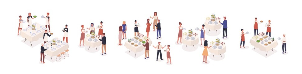 Fototapeta Cartoon visitors at social event isometric vector illustration. Corporate banquet party with celebration people and catering staff. Stand-up meal with guests isolated on white obraz