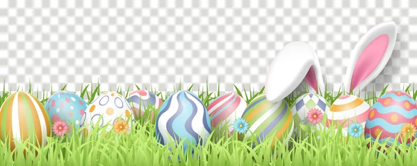 Foto op Canvas Happy Easter background with realistic painted eggs, grass, flowers, and rabbit ears. Vector illustration isolated on transparent background © Duanpry