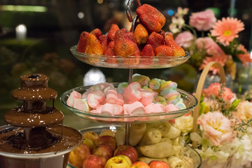 Chocolate fondue with strawberry and  marshmallow ,Sweets and dessert decoration