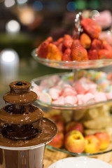 Chocolate fondue with strawberry and  marshmallow ,Sweets and dessert decoration