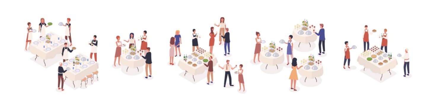 Cartoon visitors at social event isometric vector illustration. Corporate banquet party with celebration people and catering staff. Stand-up meal with guests isolated on white