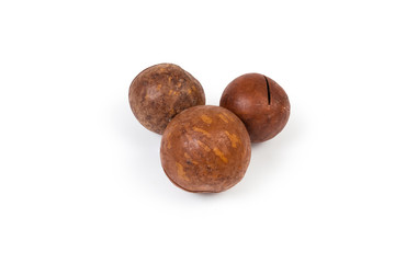 Three macadamia nuts with sawn nutshells on a white background