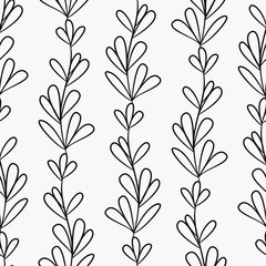 Vector seamless pattern with black vertical branches and leaves on white background; abstract floral design for fabric, wallpaper, textile, web design.