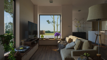 Living Room with Backyard View in Natural Daylight 3D Rendering