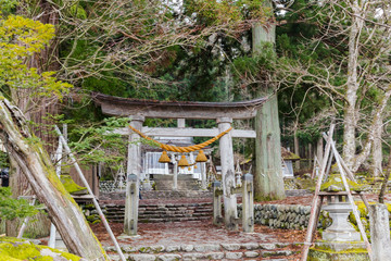 Fototapeta na wymiar Torii gate of Shirakawa Hachiman Shinto Shrine in village of Shirakawago.