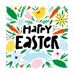 Happy Easter greeting card with flowers, eggs, rabbit, bird, elements composition. 