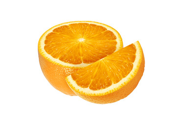 Half and slice of sweet juicy orange fruit isolated on white background