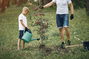 Family on a yard. Father with son planting a tree. Boy with a green funnel