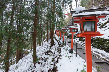 Naklejka premium Uphill walkways to Honden main hall at Mt.Kurama , Kyoto