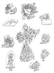 black and white ink doodle art sticker pack illustrations