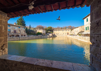 Bagno Vignoni (Italy) - A view of the famous thermal waters village in Val d'Orcia, Tuscany region province of Siena, beside Via Francigena religious street