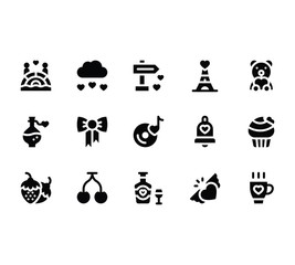 valentine related love and romance clouds, coffee, ribbon, cherry, strawberry, music, bell, wine, cup cake, and love potion vector in solid design