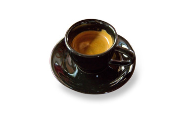 Black Coffee or Hot coffee on black cup with white background.