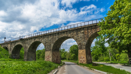 The old Austrian operating railway viaduct in the resort village of Vorokhta. Ukraine. Carpathians