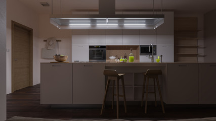 Softly Illuminated Kitchen with Furniture 3D Rendering