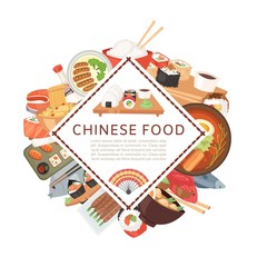 Chinese asian food ethnic menu banner vector illustration. Asian dinner dish plate. Traditional spicy appetizer snack poster. China cooking market or food festival. Dim sum, sushi and chinese cuisine.