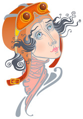 Image of the face of a girl in an aviation helmet. Vector graphics.