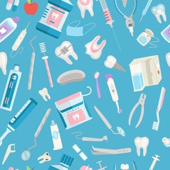 Dental care seamless pattern vector illustration. Dental floss, teeth, mouth, tooth paste and medical dentist instruments on blue background. Dental clinic and stomatologist backdrop.