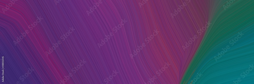 Poster colorful designed horizontal header with old mauve, teal green and very dark violet colors. dynamic curved lines with fluid flowing waves and curves