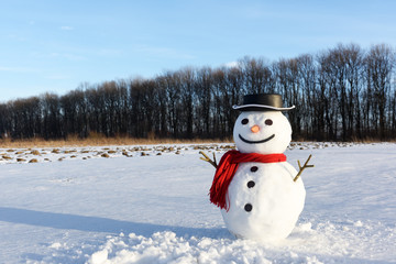 Funny snowman in stylish black hat and red scalf on snowy field. Merry Christmass and happy New Year!