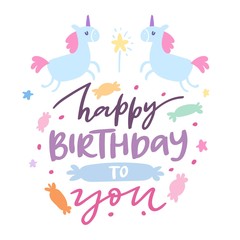 Happy birthday card with cute unicorns baby showel vector cartoon illustration. Fairytale fantasy template for birthdays cards, posters, baby cloths and toys. Cute fairy horses.