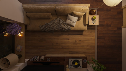Top View of an Illuminated Living Room with Furniture in Dim Lighting 3D Rendering