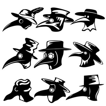 Set of nine plague doctors in black and white style. Hat, cloak, and plague mask.