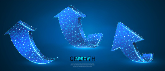 Arrows up, success, set of teamwork signs. Growth trend, cooperation, business partnership concept on blue neon background. Low poly, abstract, polygonal, wireframe 3d vector illustration